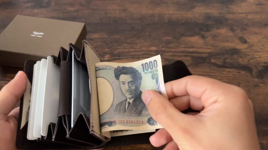 VARCO(ヴァーコ) パルムウォレットの札入れに折り目のある紙幣を入れるシーン
